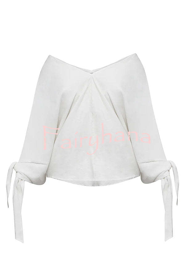 Joyful Bond Linen Blend V-neck Knotted Cuff Half Sleeve Loose Top