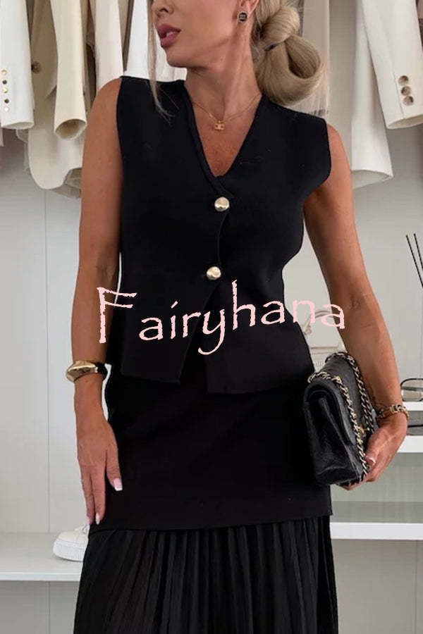 Stylish and Elegant Knit Gold Buttons V-neck Loose Vest
