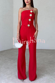 Solid Color Sexy Tube Top Gold Button Embellished Bootcut Jumpsuit