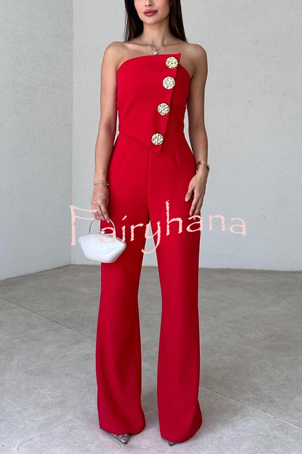 Solid Color Sexy Tube Top Gold Button Embellished Bootcut Jumpsuit