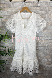 Sweet Valor Crochet Lace Puff Sleeve Button Up Mini Dress