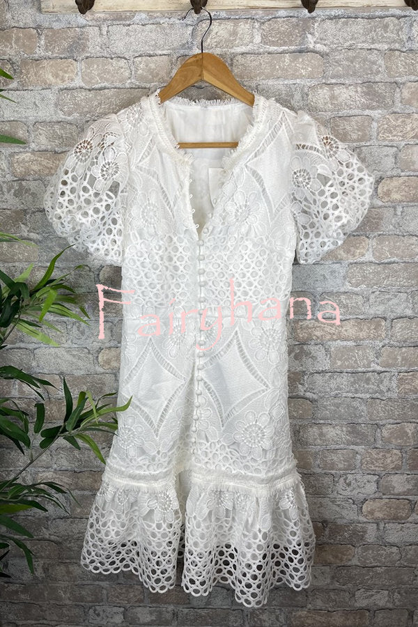 Sweet Valor Crochet Lace Puff Sleeve Button Up Mini Dress