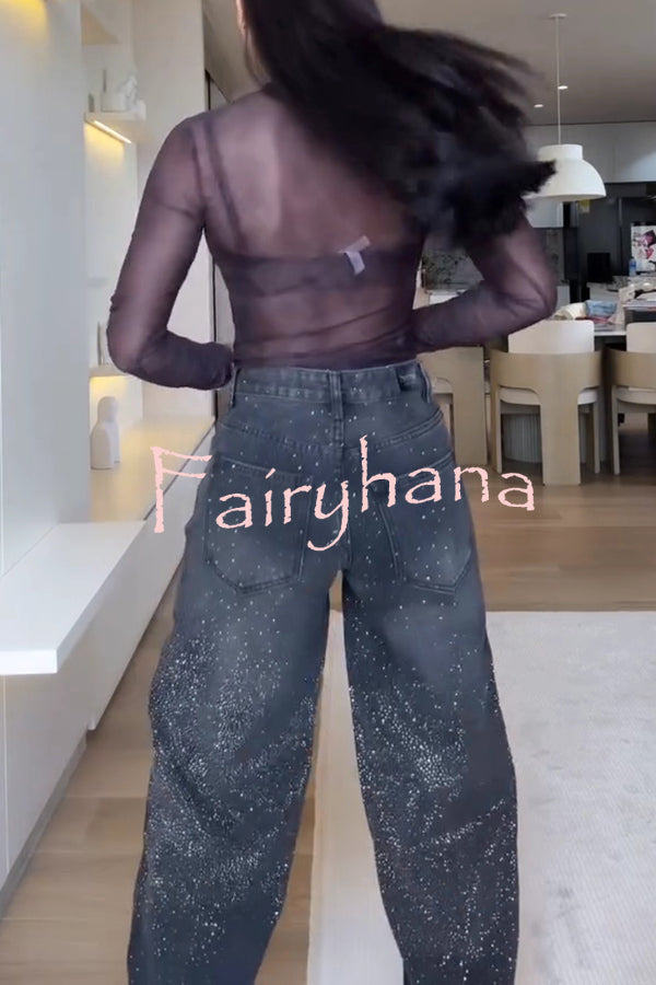 Fashion Star Rhinestone High Rise Casual Pocket Straight Loose Jeans