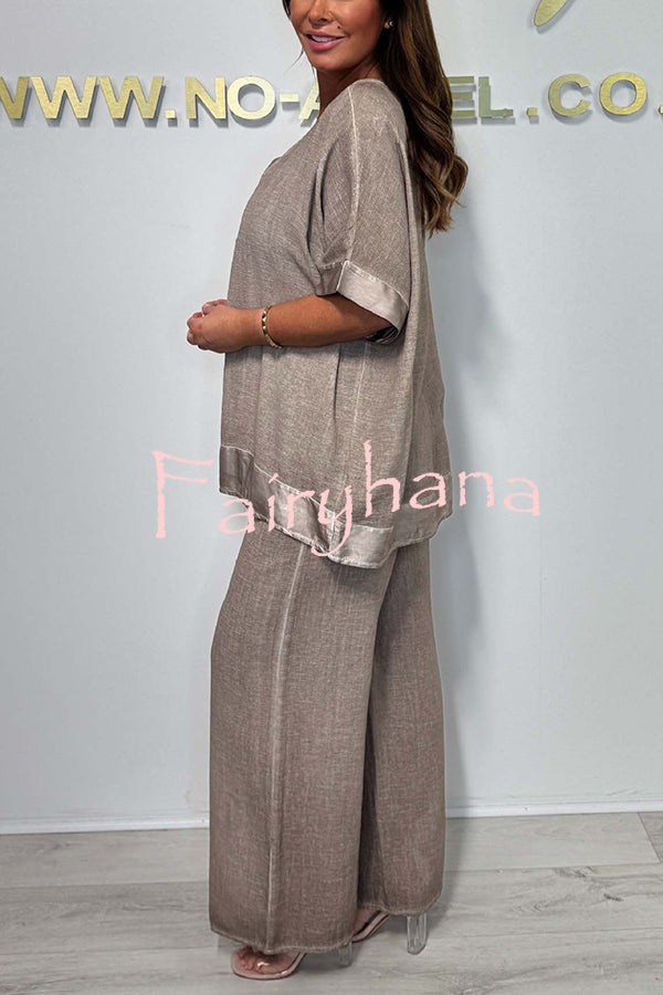 Fashionable V-neck Short-sleeved Loose Top and Elastic Waist Casual Wide-leg Pants Set