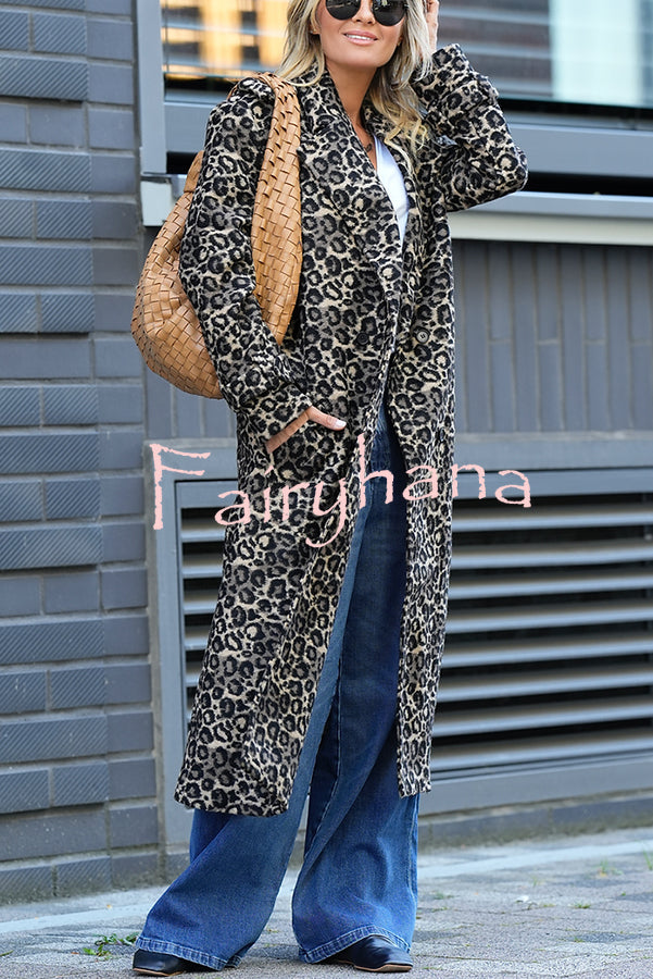Leopard Affair Animal Print Epaulettes Long Sleeve Pocketed Lapel Midi Trench Coat