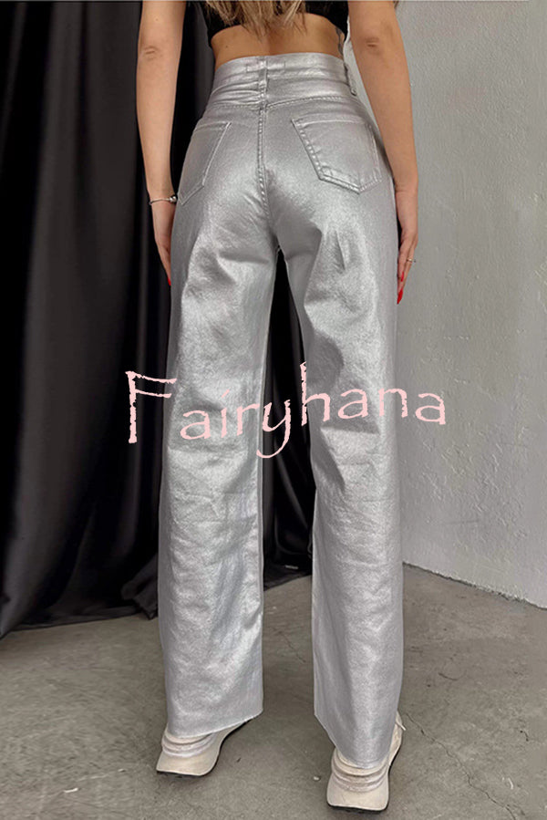 Stylish Metallic Fabric Pocket Casual Straight Wide-Leg Pants