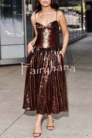 Enchanted Night Sequin Low-cut Corset Balloon Hem Slip Midi Dress