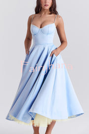 Fairytale Vibe Satin Patchwork Tulle Sweetheart Neck Pocket Stretch Midi Dress