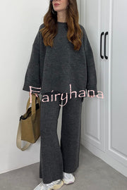 Solid Color Loose Long-sleeved Knit Top and Elastic Waist Casual Straight Leg Pants Set