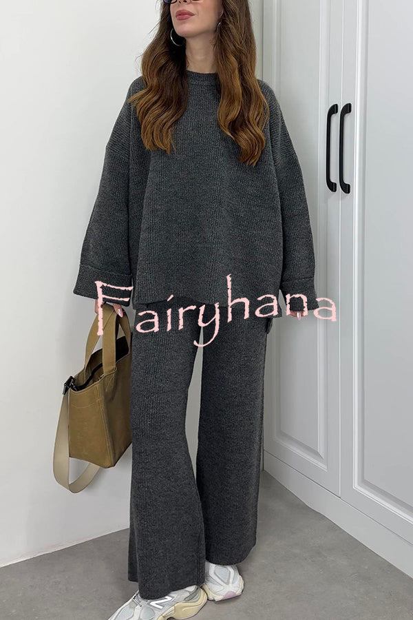 Solid Color Loose Long-sleeved Knit Top and Elastic Waist Casual Straight Leg Pants Set