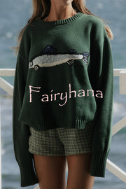 Fashionable Fish Pattern Round Neck Loose Knitted Sweater