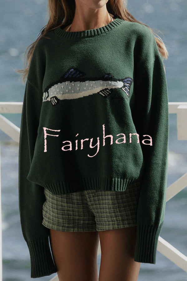 Fashionable Fish Pattern Round Neck Loose Knitted Sweater