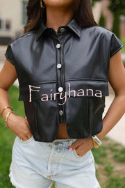 Fashion Faux Leather Pocket Sleeveless Cropped Jacket