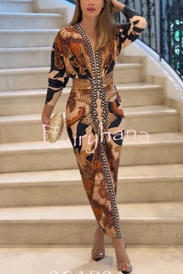 Verra Unique Print Dolman Long Sleeve Ruched Slit Midi Dress