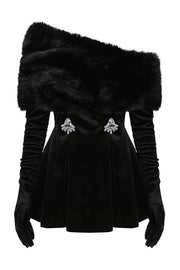 Stylish Velvet Off-shoulder Fitted Mini Dress and Fluffy Shawl, Velvet Gloves Three-piece Set