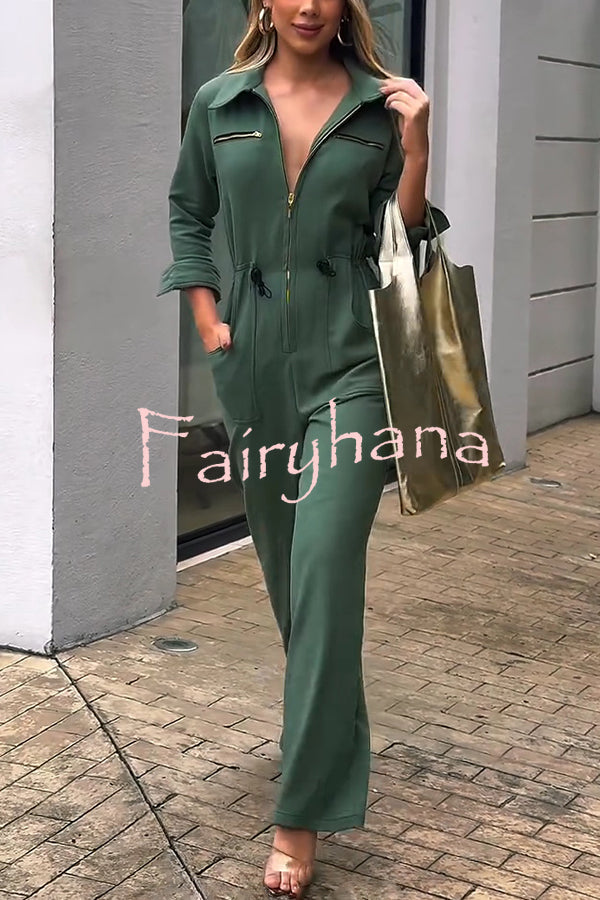 Street Glamour Zipper Stand Collar Drawstring Waist Pocket Loose Jumpsuit