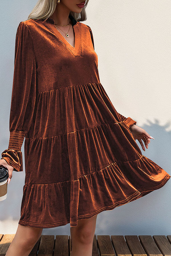 Solid Color Velvet V-Neck Long Sleeve Elegant Loose Mini Dress