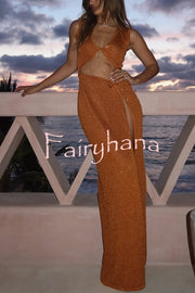 Beautiful Figure Shiny Knit Fabric Cutout Side Slit Stretch Vacation Maxi Dress