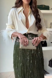 Party Crasher Feather Trim Long Sleeve Button Up Loose Blouse