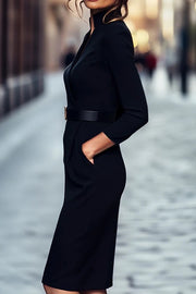 Solid Color V-Neck Long Sleeve Pocket Slim Waist Midi Dress