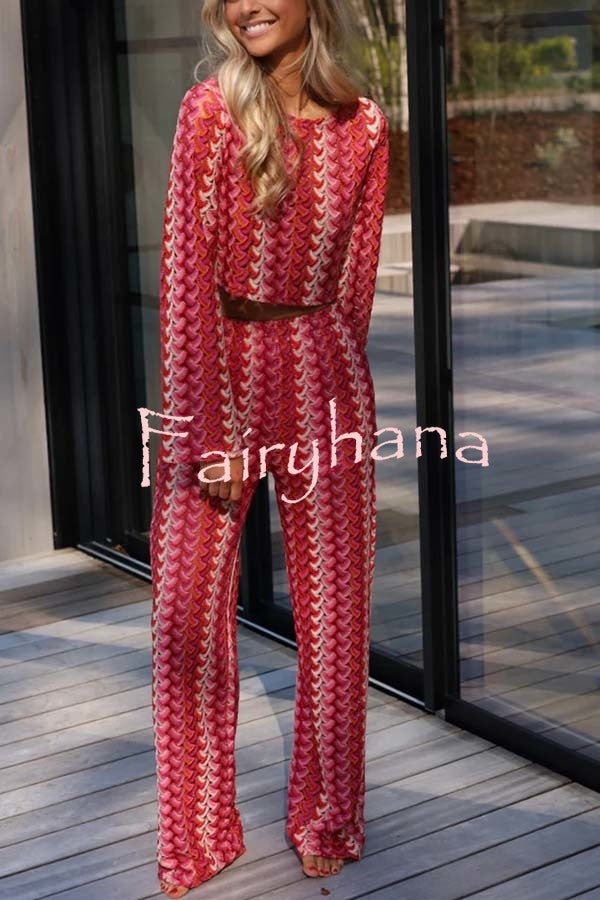 Tamia Knit Colorful Wave Unique Print Crop Top and Stretch Wide Leg Pants Set