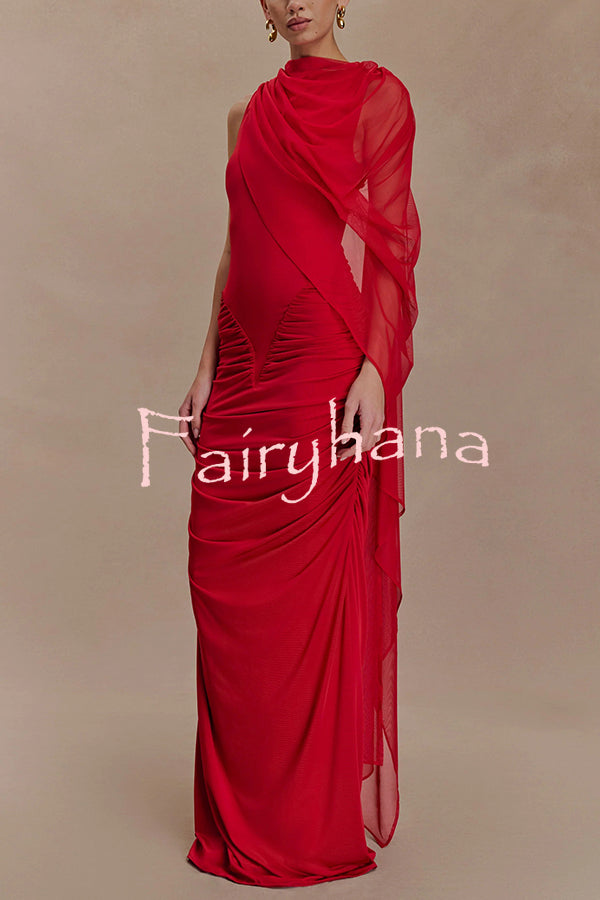 Fashionable Mesh Shawl Sleeveless Slim Fit Pleated Maxi Dress