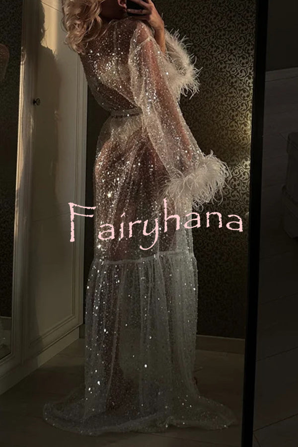 Fashionable Sequined Feather Long-sleeved Vacation Loose Extra-long Sun Protection Cover-up
