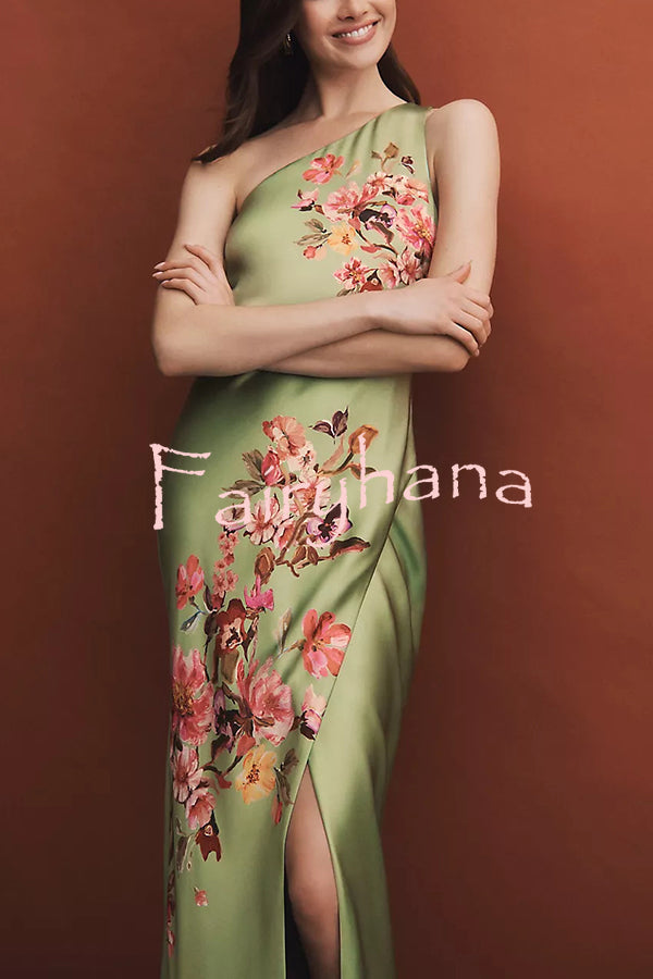Wedding  Guest Satin Floral Print One Shoulder Side Slit Maxi Dress
