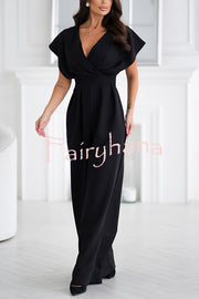 Solid Color V-neck Waist Casual Wide-leg Jumpsuit