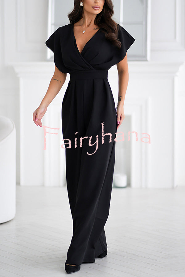 Solid Color V-neck Waist Casual Wide-leg Jumpsuit