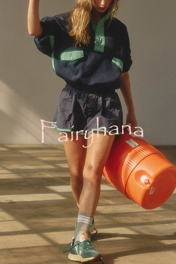 Fashion Contrast Color Stitching Stand Collar Long Sleeve Top and Elastic Waist Loose Pocket Shorts Set