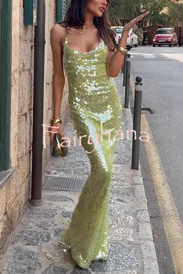 Fashionable Sequined Sexy Open Back Slim Maxi Dress