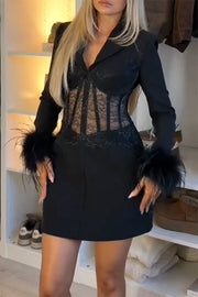 GIA Lace Corset Waist Feather Sleeve Structured Lapel Blazer Mini Dress