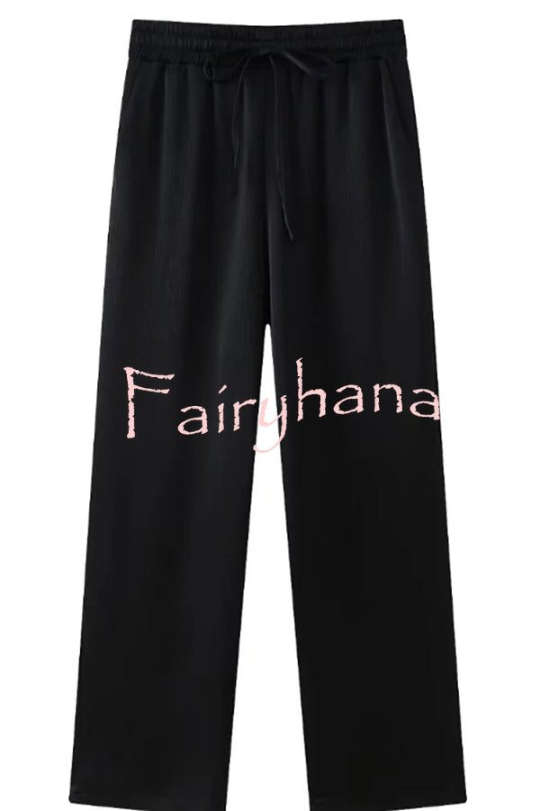 Fashionable Pleated Elastic Waist Tie Casual Pocket Wide-leg Pants
