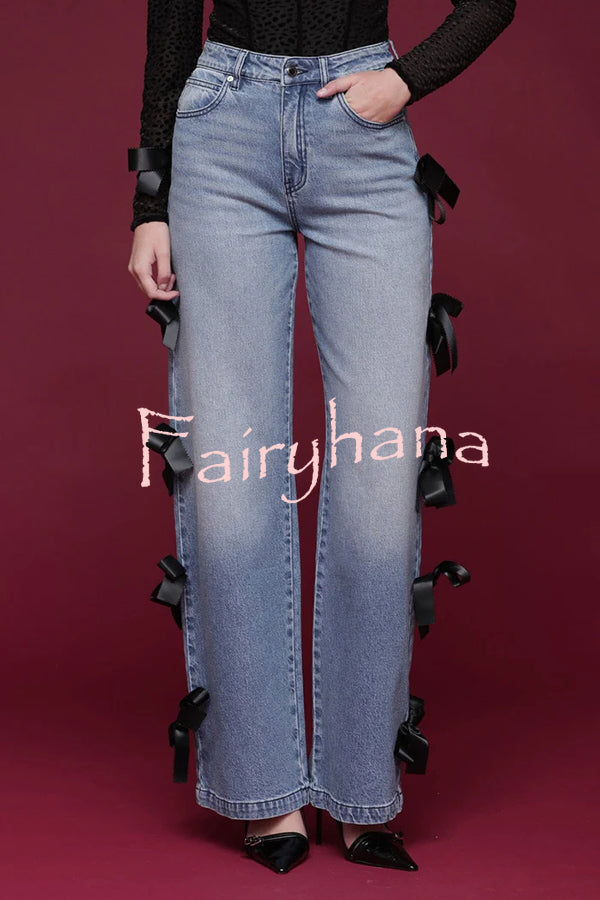 Runway Muse Denim High Rise Bow Trim Pocketed Wide Leg Jeans
