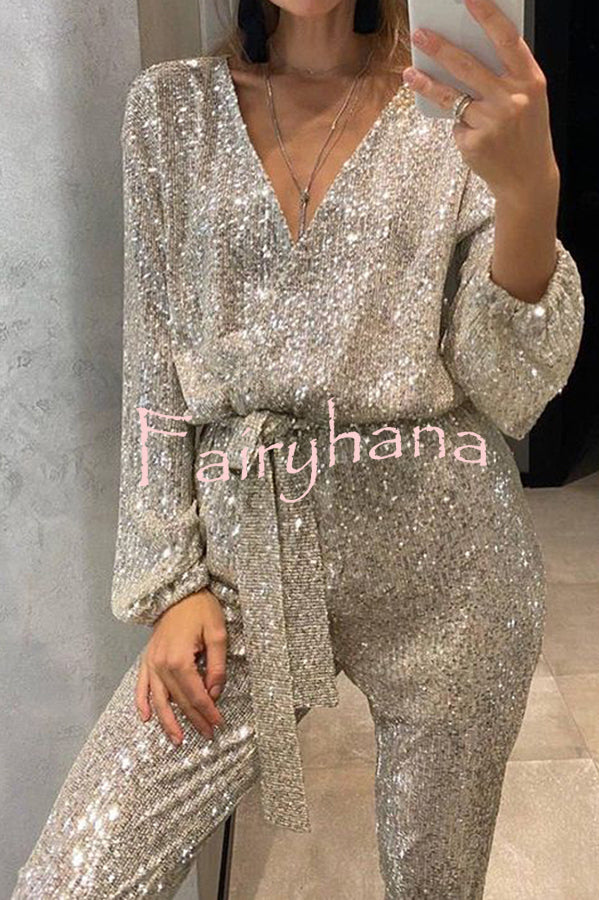 Cheers To You Sequin Long Sleeve Belted Wrap Loose Jumpsuit