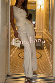 Fashion One-shoulder Slim-fit Button Vest and Casual Pocket Straight-leg Suit Pants Set