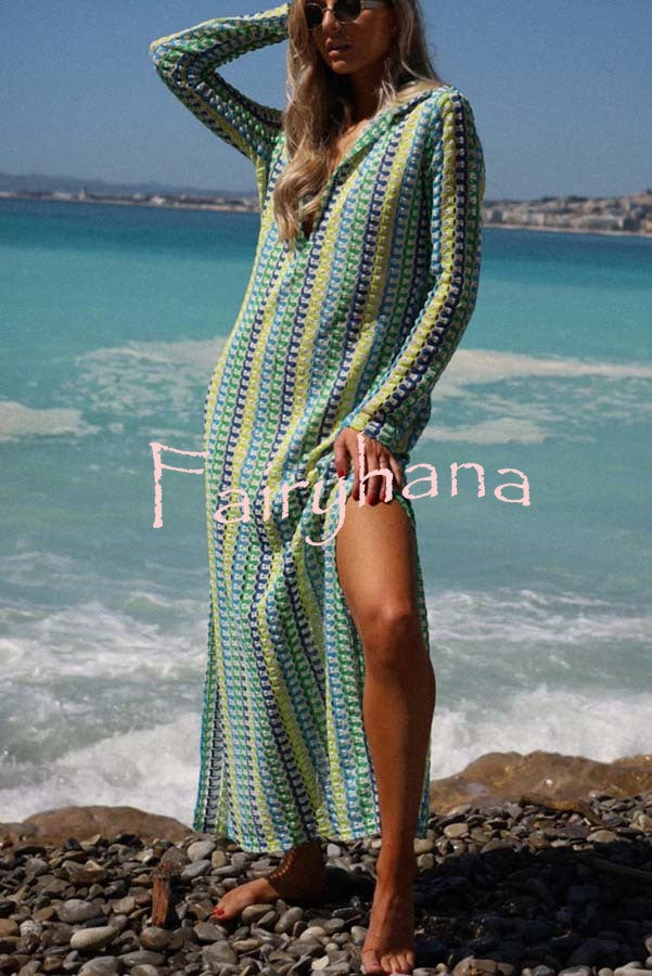 Eleanor Knit Colorful Wave Unique Print Shirt U-neck Long Sleeve Slit Maxi Dress