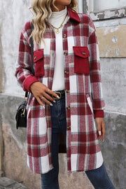 Retro Plaid Casual Long-sleeved Pocket Mid-length Coat