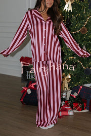 Courtney Satin Colorblock Striped Loose Shirt and Elastic Waist Pocketed Pajama Set