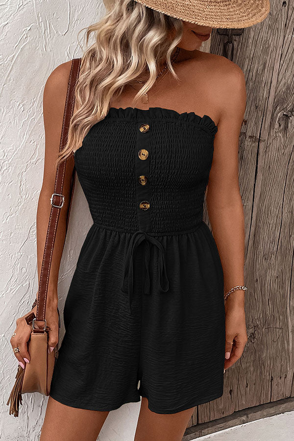 Solid Color Tube Top Button Pleated Casual Rompers