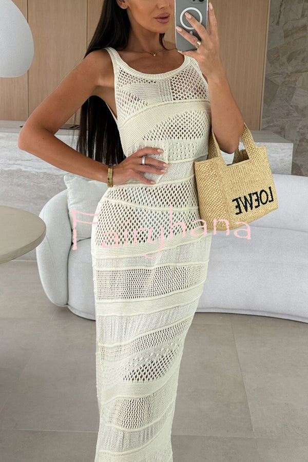 Solid Color Knit Hollow Crew Neck Sleeveless Beach Cover Up Maxi Dress