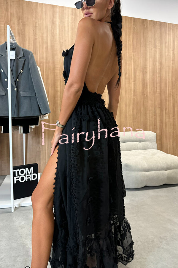 Gloria Embroidery Flowers Elastic Waist Halter Backless Slit Maxi Dress