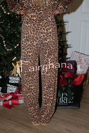 Paige Ribbed Leopard Print Loose Shirt and Elastic Waist Pocketed Pajama Set