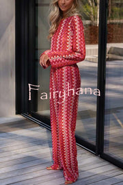 Tamia Knit Colorful Wave Unique Print Crop Top and Stretch Wide Leg Pants Set
