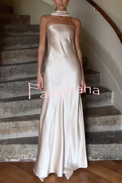 Satin Solid Color Elegant Strapless Slim Maxi Dress