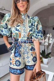 Elouise Linen Blend Unique Print Button Puff Sleeves Tie-up Pocketed Romper