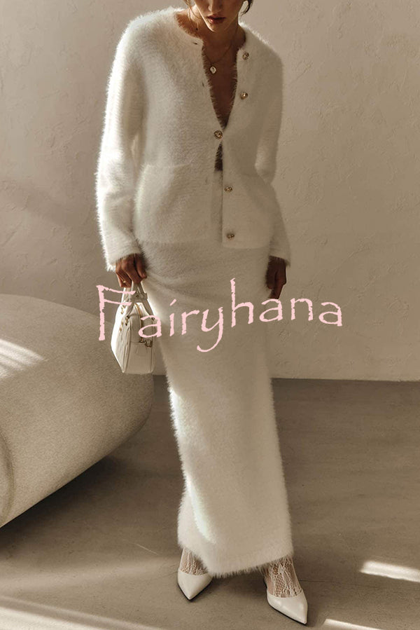Solid Color Long-sleeved Button-pocket Knitted Jacket and Elegant Long Skirt Set