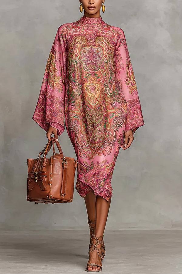 Retro Unique Print Casual Long-sleeved Loose Midi Dress