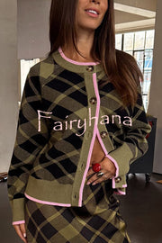 Holiday Plaid Knit Color-blocked Trim Button Long-sleeved Loose Cardigan